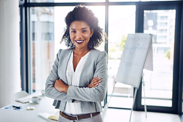 Business woman, portrait and arms crossed with meeting in office with lawyer confidence and legal work. Happy, smile and African labour attorney at company with corporate opportunity in a boardroom