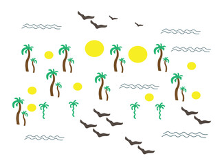 sunny summer day vector background.Plam tree, beach, sea, vacation, and sunny summer day aesthetic vector background