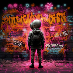A person in a space suit stands in front of a wall covered in graffiti