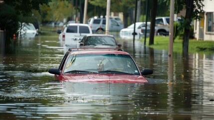 Vehicles submerged in floodwaters.