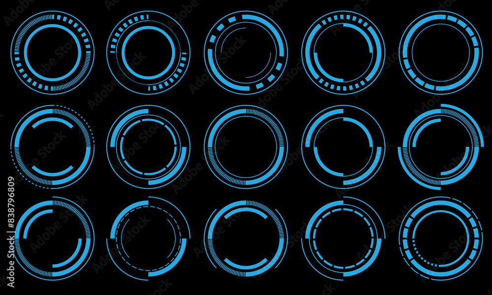 Poster set of sci fi blue circle user interface elements technology futuristic design modern creative on bl