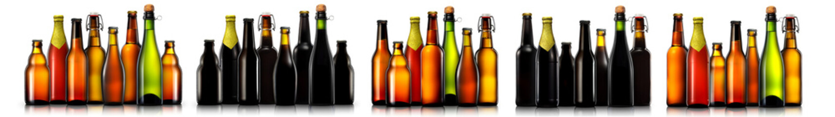 Set of beer, wine and champagne bottles isolated on white background