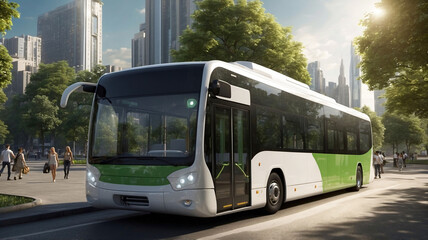 Obraz premium Electric modern green bus driving in green city downtown with trees, motion blur. Eco friendly sustainable public transport 