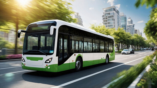 Electric modern green bus driving in green city downtown with trees, motion blur. Eco friendly sustainable public transport	