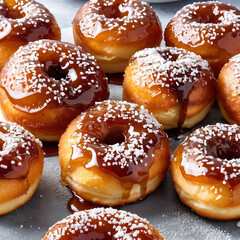 Doughnuts with icing sugar, closeup