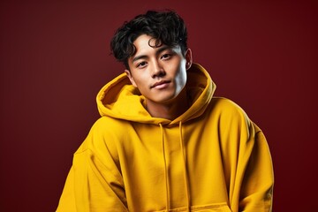 Fototapeta premium A man in a yellow hoodie is smiling at the camera