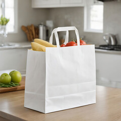 White bag with groceries on a kitchen counter