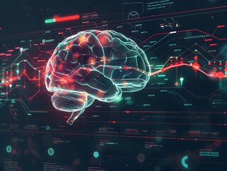 Fototapeta premium Futuristic Brain Infographic with Glowing Lights Connecting Networks and Data Visualization