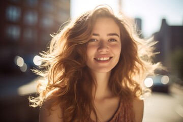 A woman with long red hair is smiling and looking at the camera