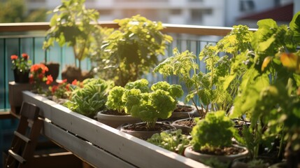 Balcony vegetable garden in the capital Urban organic gardening. photograph of telephoto lens realistic daylight --ar 16:9 --stylize 50 --v 5.2 Job ID: 4db2b239-9075-4a22-b7a0-c7940869205d