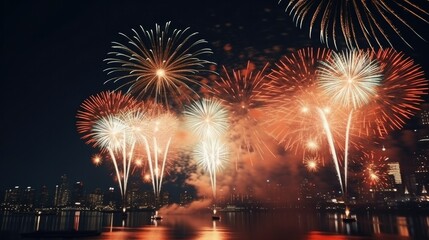 Fototapeta premium Beautiful fireworks show in America. photograph of telephoto lens realistic daylight --ar 16:9 --stylize 50 --v 5.2 Job ID: 2f522b51-cb8c-47a9-820a-a087013a53cc