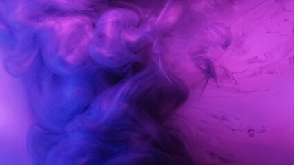 Neon smoke whirl. Paint water mix. Defocused fluorescent pink blue purple color gradient glowing...