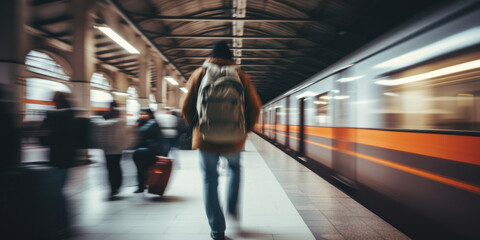 Man Walking By Speeding Train At Busy Subway Station. Motion Blur Of Moving Train With Passengers On Platform. Generative AI