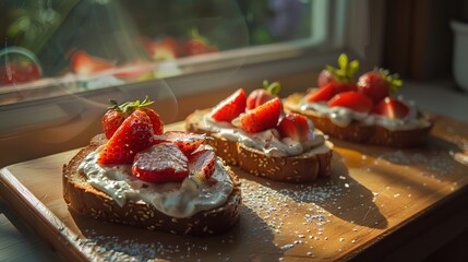 strawberries and cream cheese on toast in a window display, bathed in sunlight"