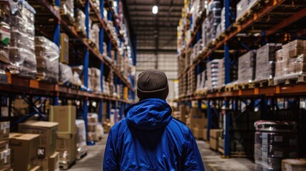Fototapeta premium Warehouse scene with worker in blue jacket turned away