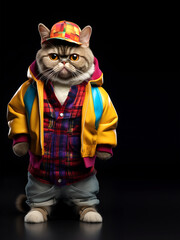 Creative animal concept. Exotic Shorthair cat kitty kitten full body in hip hop stylish fashion isolated on dark background, commercial, editorial advertisement, surreal, copy text space	
