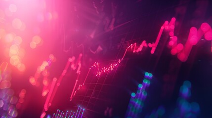 "Transformative financial graph showcasing an upward trend line within a candlestick chart, set against a vibrant neon backdrop in the stock market – captured in a stunning stock photo."