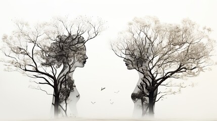 Double exposure on white background, creative photography technique, abstract art on blank canvas