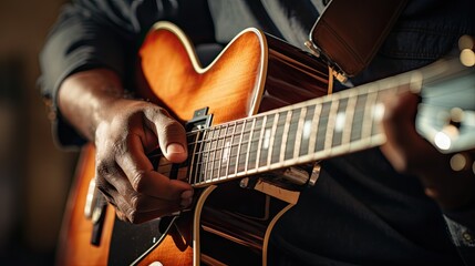 Close-up, musician playing guitar.photograph of telephoto lens realistic daylight --ar 16:9...