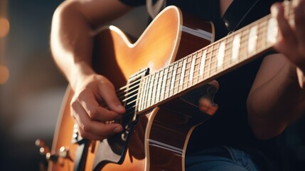 Fototapeta premium Close-up, musician playing guitar.photograph of telephoto lens realistic daylight --ar 16:9 --stylize 50 --v 5.2 Job ID: 7dcacc1b-15dd-458a-8463-47e6ac6f06fb