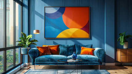 A vibrant modern art piece with geometric shapes hanging on a deep blue wall in a stylish living room.