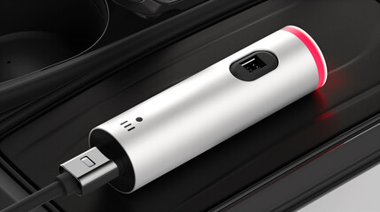 A sleek, cylindrical portable battery charger with a USB port is connected to a cable. modern mobile accessory provides on-the-go charging convenience. LED indicator lights are visible on its surface.