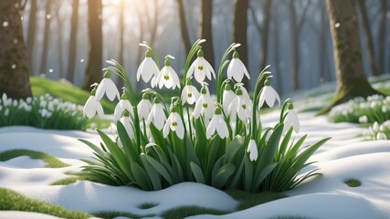 Snowdrop flowers in a beautiful spring setting, creating a gentle nature background