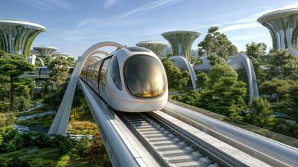 A modern, sleek train speeds through a verdant futuristic cityscape with towering plant-like structures