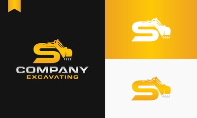 excavator letter S logo design excavating vector template illustration