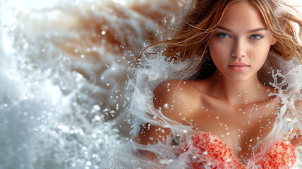 Obraz premium A woman is in a pool of water, with her hair wet and her face showing. Scene is playful and fun