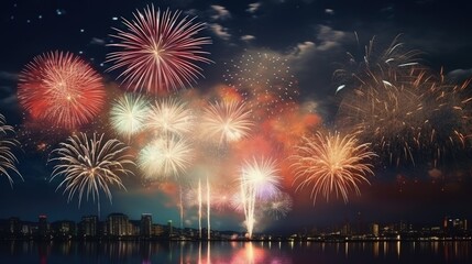 Colorful fireworks festival happy new year.Fireworks in the city at night.