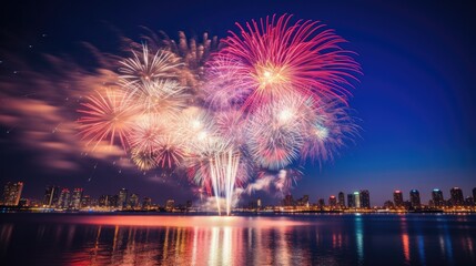 Colorful fireworks festival happy new year.Fireworks in the city at night. 