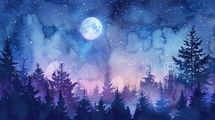 Naklejka premium Watercolor Illustration Landscape with Fantastic Starry Sky and Forest.