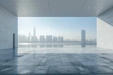 Modern buildings by the lake. The modern urban skyline is in the background.
