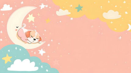 Cute Cartoon dog sleeping on the moon in pastel background with blank space for text