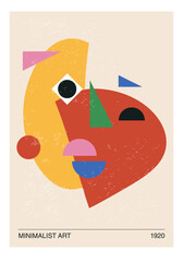 Minimalist 20s geometric design poster with stylized face, vector template