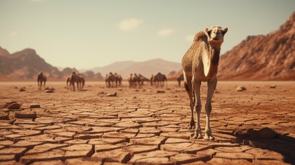 Tired and struggling camel making its way through the hot and arid desert terrain