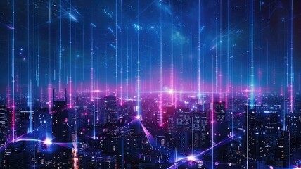 Fototapeta premium futuristic cityscape with a network of laser beams representing high-speed optical communication links connecting buildings