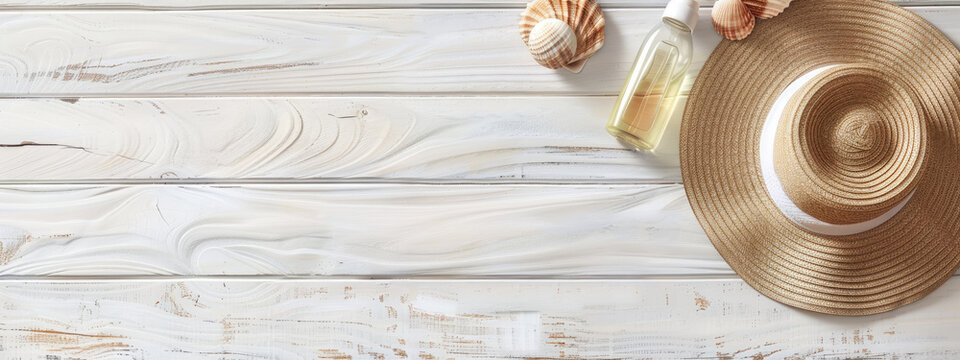 Top view of beautiful summer holiday background with a beach hat, sunscreen and seashell on white wood panels. Summer concept banner design with copy space