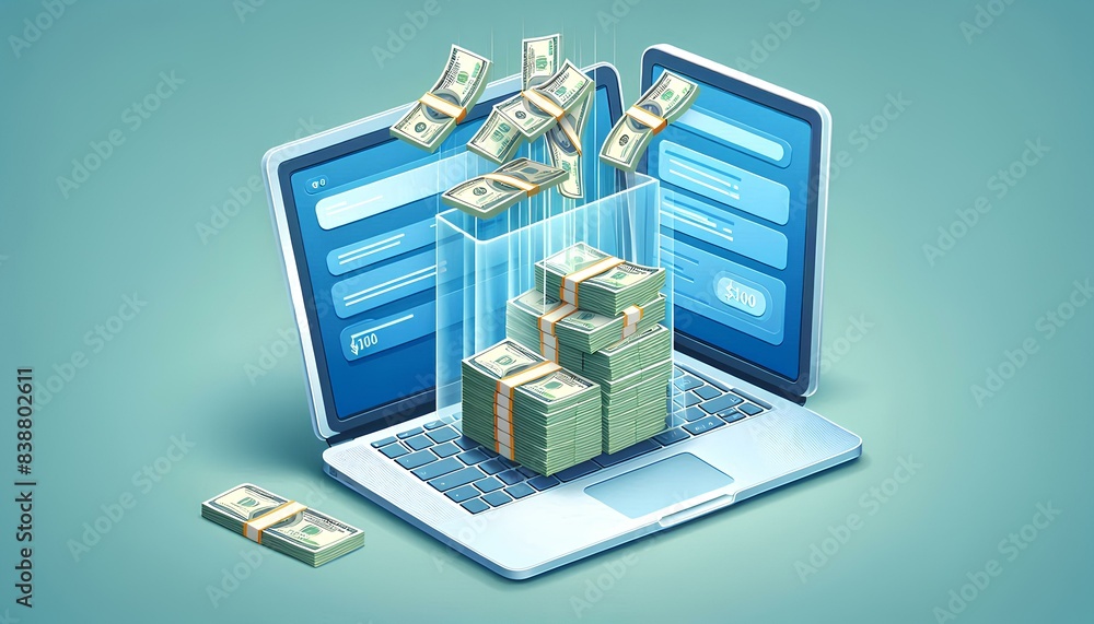 Poster a laptop computer with a stack of money on the keyboard. dollar bills are flying out of the screen a