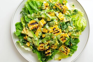 Artfully Arranged Avocado and Grilled Corn Salad with Green Goddess Dressing
