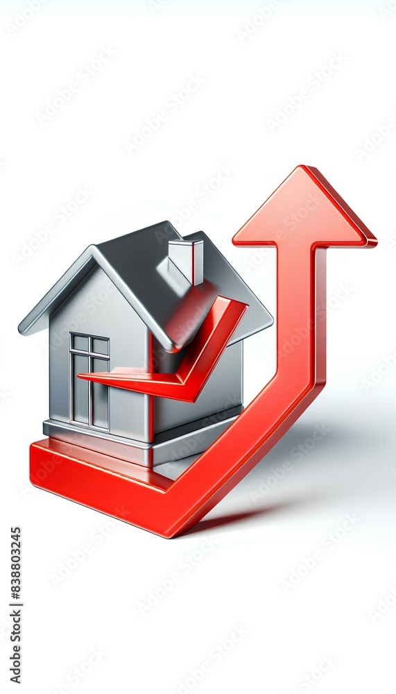 Poster a silver model house sits in front of a red arrow pointing upwards. the arrow represents an upward t