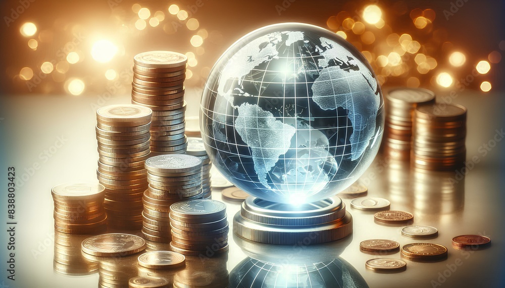Poster glass globe with glowing points of light representing cities is placed on a pile of stacked coins, s