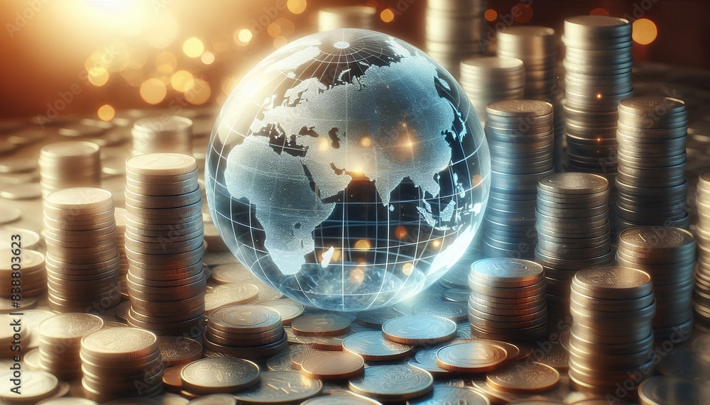 Poster glass globe with glowing points of light representing cities is placed on a pile of stacked coins, s