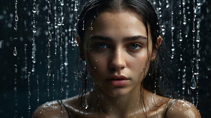 Fototapeta premium Captivating Sadness: Long-Haired Woman in Realistic Water Droplet Scene