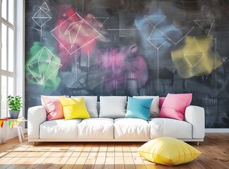 Photo of A modern living room with white sofa, colorful pastel wall decor and wooden floor in front view
