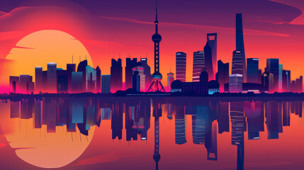 the night of Shanghai city and skyline, sunset, building and lights, Oriental Pearl Tower, Lujiazui silhouette