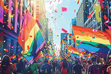 A vibrant pride parade with a diverse group of people marching, holding colorful flags and banners, confetti filling the air, and buildings decorated with rainbow streamers in the background