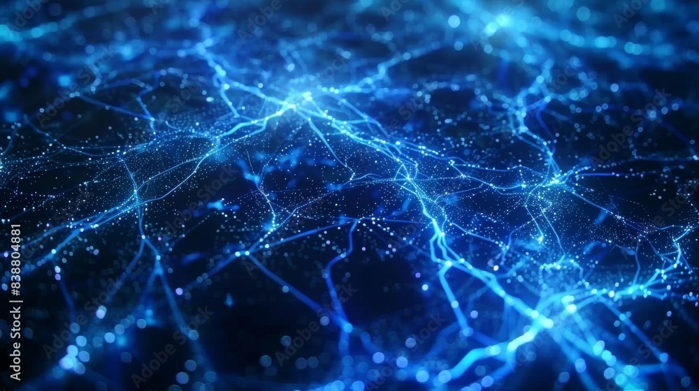 Poster abstract digital network visualization with electric blue lights representing connections and data f