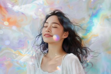 A vibrant woman with glamorous hair and an attractive smile on her face is posing happily alongside a colorful painted wall.